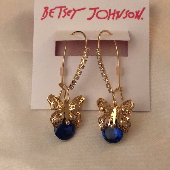 Betsey Johnson Gold Tone Filigree Butterfly With Blue Crystal Drop Earrings NWT - Picture 3 of 9